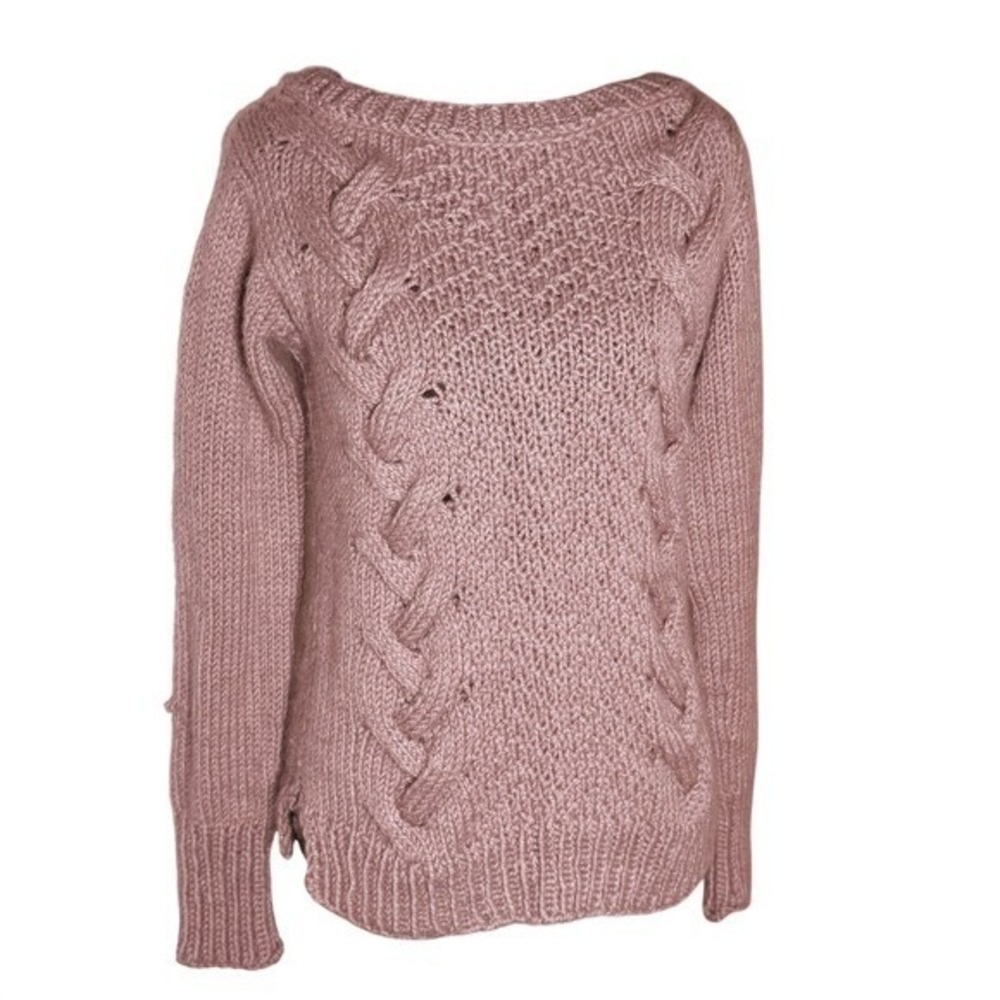 Handmade Chunky Cable Knit Boat Neck Sweater Dusty Rose Women's Size S Cozy READ